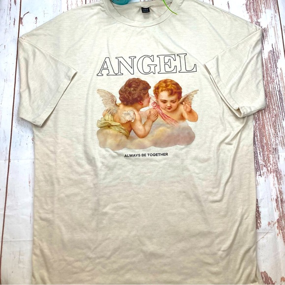 Shein Graphic Short Sleeve Shirt Cream Angel Sz Large - Picture 1 of 15